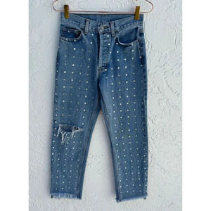 Carmar Los Angeles Womens Distressed Rhinestone Straight Ankle Jeans Blue Sz 26